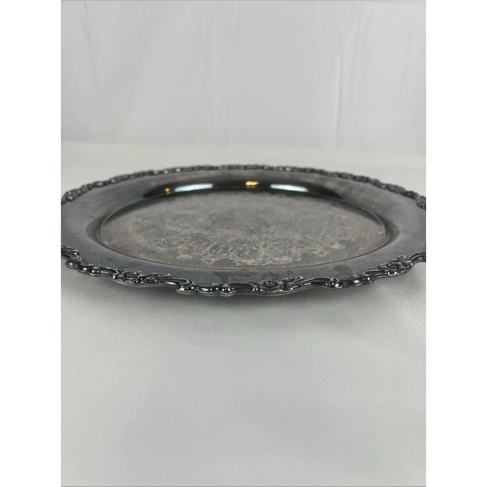 Vintage Silver-Plated Serving Tray Round Ornate Rim Engraved April 1976